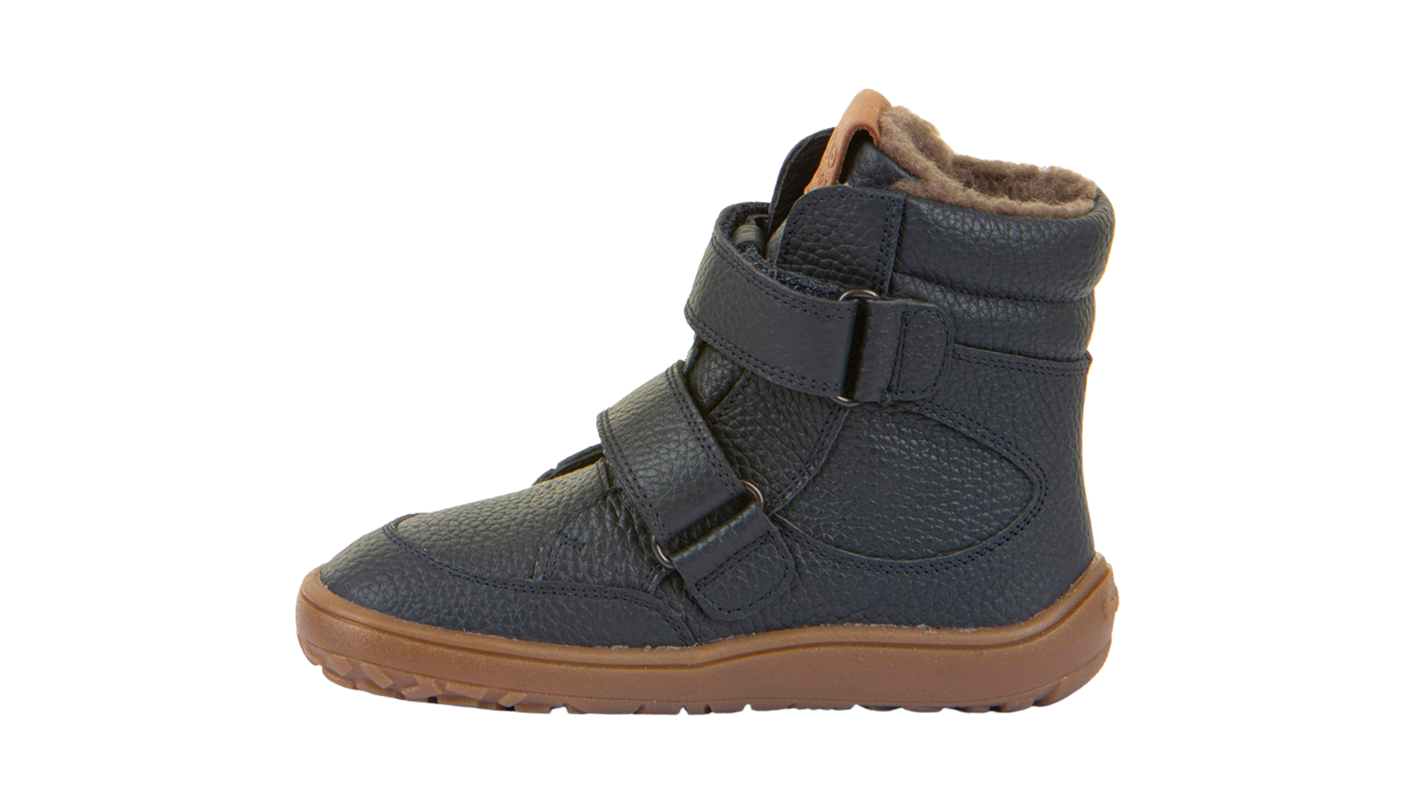Barfußwinterstiefel für Kinder, geschlossene Zehen und geschlossener Fersenbereich, zwei Klettverschlüsse, profilierte Sohle, strukturierte Oberfläche, Einzelschuh, Seitenansicht innen