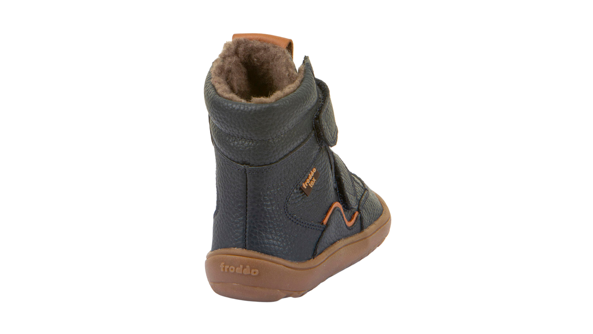 Barfußwinterstiefel für Kinder, geschlossene Zehen und geschlossener Fersenbereich, zwei Klettverschlüsse, profilierte Sohle, strukturierte Oberfläche, Einzelschuh, Rückansicht