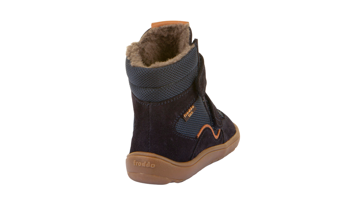 Barfußwinterstiefel für Kinder, geschlossene Zehen und geschlossener Fersenbereich, zwei Klettverschlüsse, profilierte Sohle, strukturierte Oberfläche, Einzelschuh, Rückansicht
