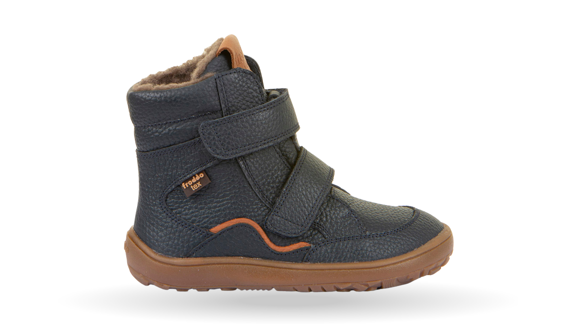 Barfußwinterstiefel für Kinder, geschlossene Zehen und geschlossener Fersenbereich, zwei Klettverschlüsse, profilierte Sohle, strukturierte Oberfläche, Einzelschuh, Seitenansicht außen