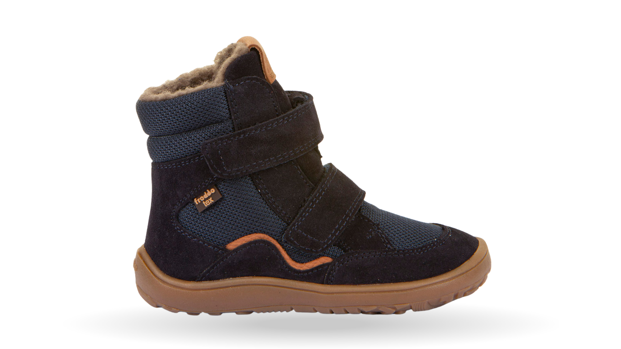 Barfußwinterstiefel für Kinder, geschlossene Zehen und geschlossener Fersenbereich, zwei Klettverschlüsse, profilierte Sohle, strukturierte Oberfläche, Einzelschuh, Seitenansicht außen