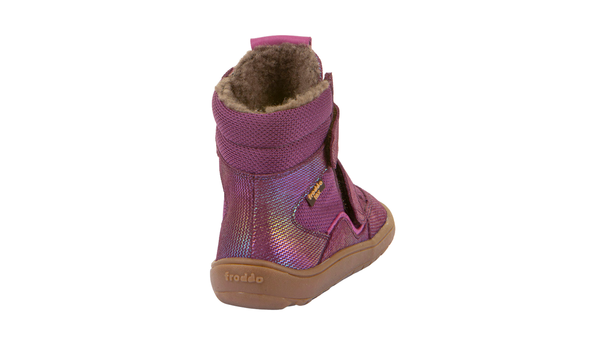 Barfußwinterstiefel für Kinder, geschlossene Zehen und geschlossener Fersenbereich, zwei Klettverschlüsse, profilierte Sohle, strukturierte Oberfläche, Einzelschuh, Rückansicht