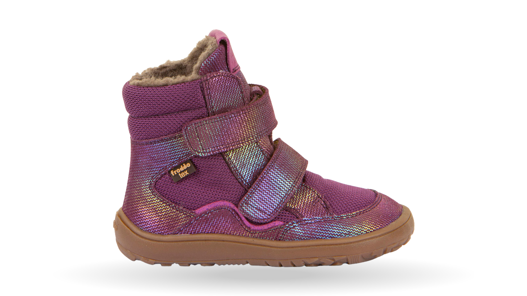 Barfußwinterstiefel für Kinder, geschlossene Zehen und geschlossener Fersenbereich, zwei Klettverschlüsse, profilierte Sohle, strukturierte Oberfläche, Einzelschuh, Seitenansicht außen