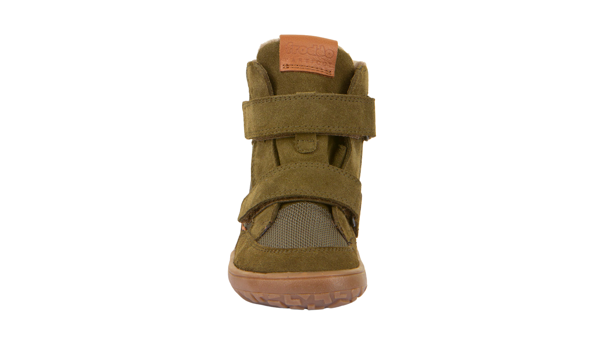 Barfußwinterstiefel für Kinder, geschlossene Zehen und geschlossener Fersenbereich, zwei Klettverschlüsse, profilierte Sohle, strukturierte Oberfläche, Einzelschuh, Vorderansicht