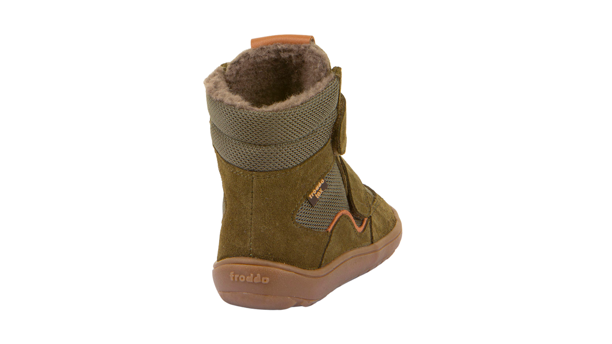Barfußwinterstiefel für Kinder, geschlossene Zehen und geschlossener Fersenbereich, zwei Klettverschlüsse, profilierte Sohle, strukturierte Oberfläche, Einzelschuh, Rückansicht