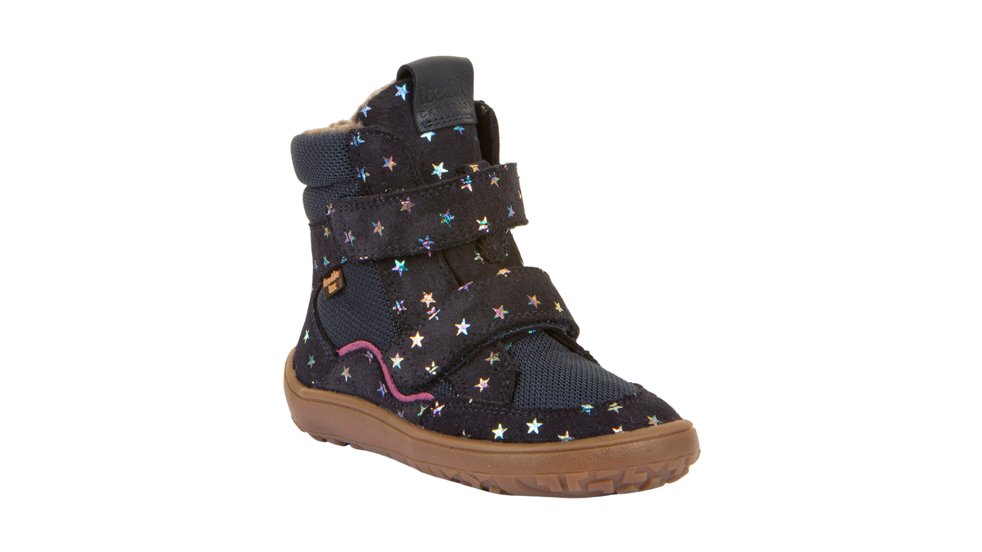 Barfußwinterstiefel für Kinder, geschlossene Zehen und geschlossener Fersenbereich, zwei Klettverschlüsse, profilierte Sohle, strukturierte Oberfläche, Einzelschuh, schräge Vorderansicht