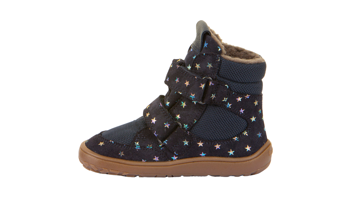 Barfußwinterstiefel für Kinder, geschlossene Zehen und geschlossener Fersenbereich, zwei Klettverschlüsse, profilierte Sohle, strukturierte Oberfläche, Einzelschuh, Seitenansicht innen