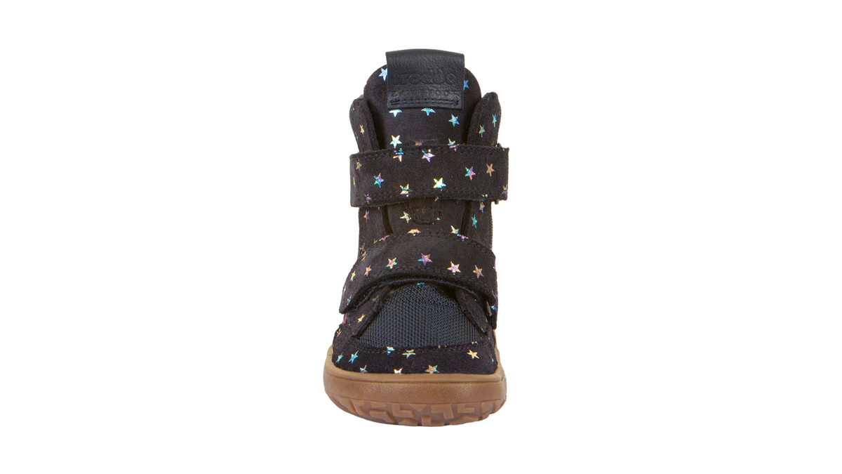Barfußwinterstiefel für Kinder, geschlossene Zehen und geschlossener Fersenbereich, zwei Klettverschlüsse, profilierte Sohle, strukturierte Oberfläche, Einzelschuh, Vorderansicht
