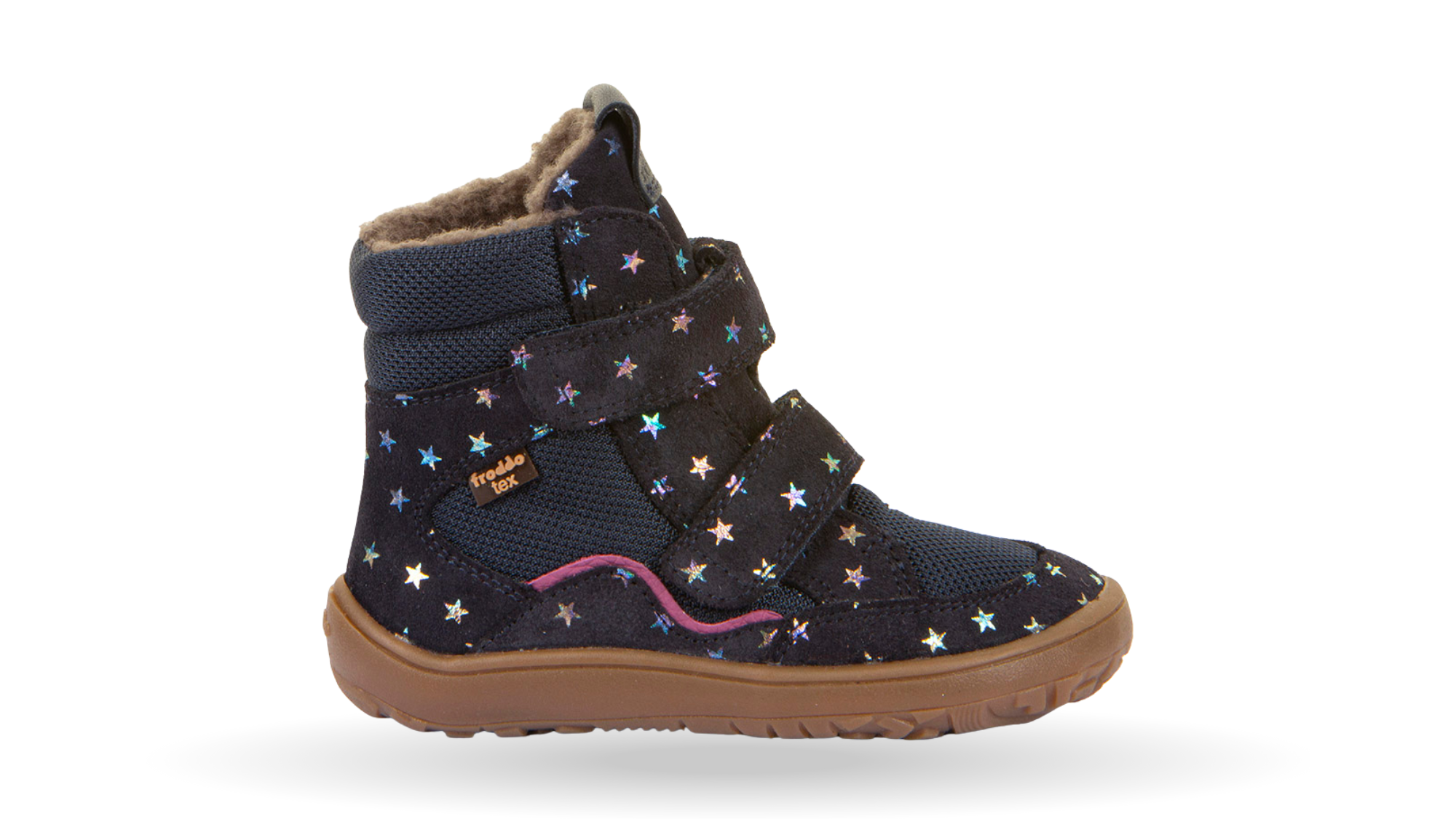 Barfußwinterstiefel für Kinder, geschlossene Zehen und geschlossener Fersenbereich, zwei Klettverschlüsse, profilierte Sohle, strukturierte Oberfläche, Einzelschuh, Seitenansicht außen
