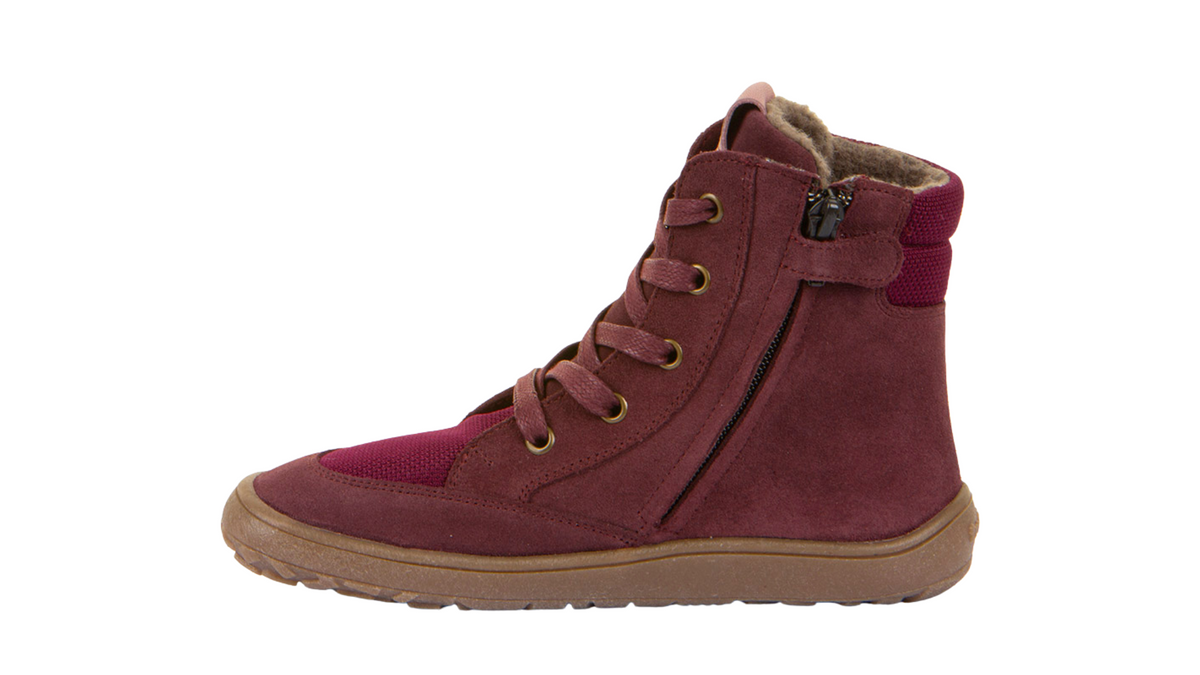 Barfußwinterstiefel für Kinder, geschlossene Zehen und geschlossener Fersenbereich, Schnürung mit Ösen, profilierte Sohle, Einzelschuh, Seitenansicht innen