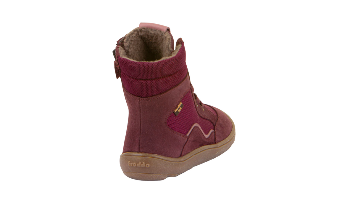 Barfußwinterstiefel für Kinder, geschlossene Zehen und geschlossener Fersenbereich, Schnürung mit Ösen, profilierte Sohle, Einzelschuh, Rückansicht