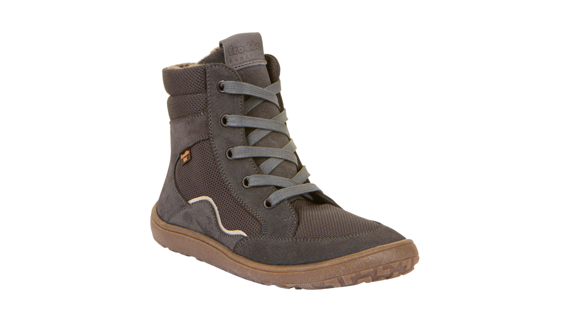 Barfußwinterstiefel für Kinder, geschlossene Zehen und geschlossener Fersenbereich, Schnürung mit Ösen, profilierte Sohle, Einzelschuh, schräge Vorderansicht