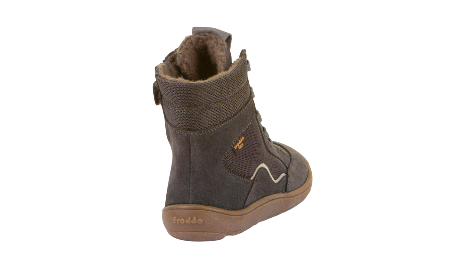 Barfußwinterstiefel für Kinder, geschlossene Zehen und geschlossener Fersenbereich, Schnürung mit Ösen, profilierte Sohle, Einzelschuh, Rückansicht