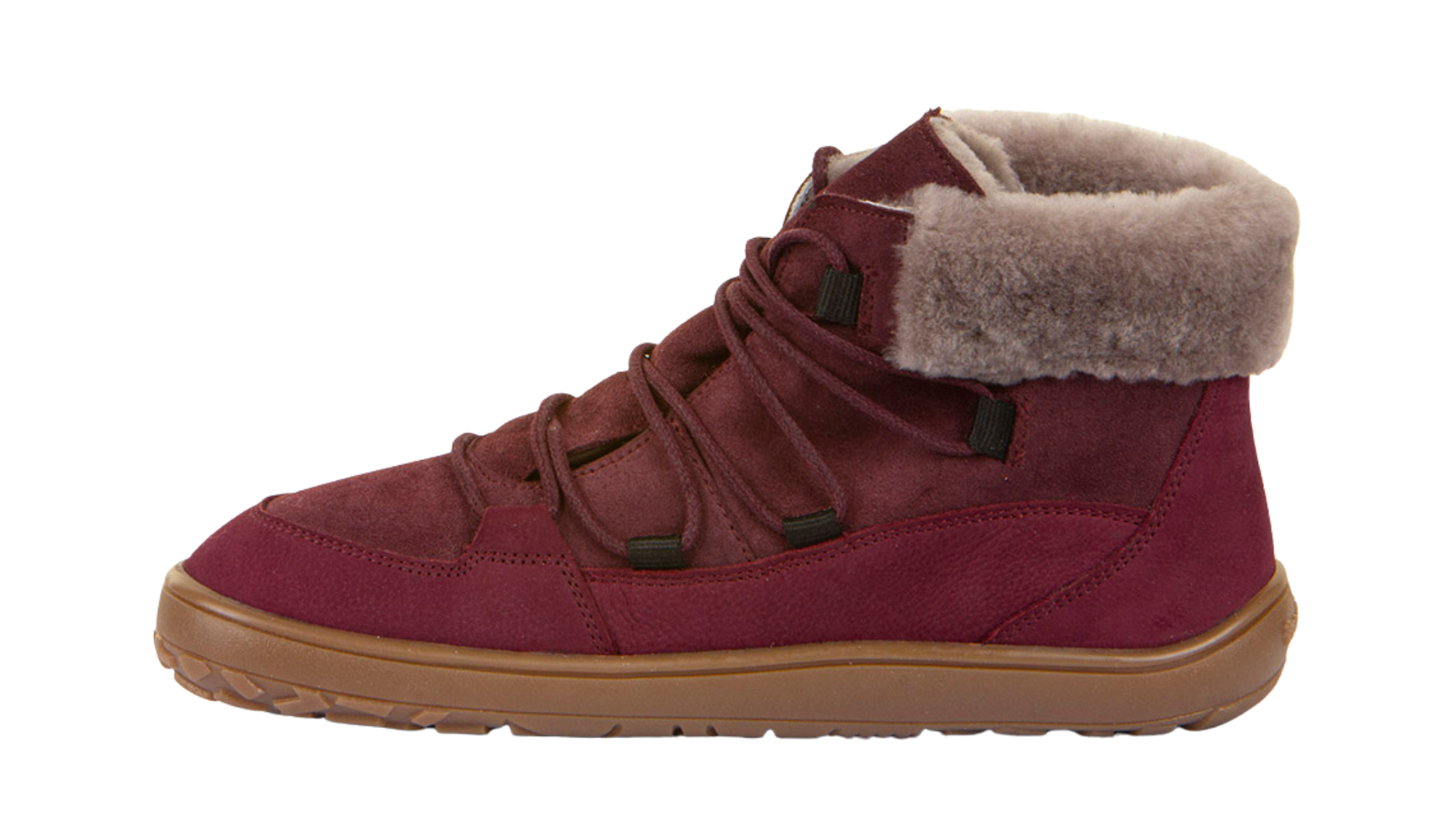 Barfußwinterstiefel, geschlossene Zehen und geschlossener Fersenbereich, Schnürung, flexible Sohle, Einzelschuh, Seitenansicht innen