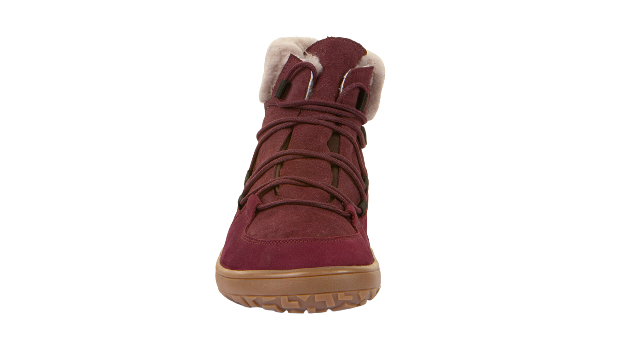 Barfußwinterstiefel, geschlossene Zehen und geschlossener Fersenbereich, Schnürung, flexible Sohle, Einzelschuh, Vorderansicht