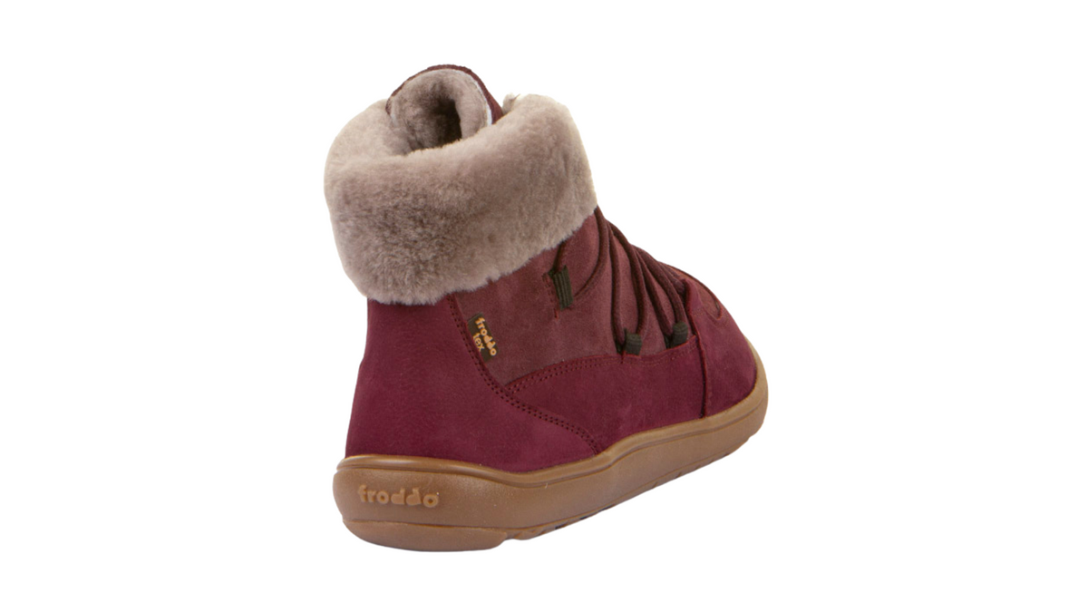 Barfußwinterstiefel, geschlossene Zehen und geschlossener Fersenbereich, Schnürung, flexible Sohle, Einzelschuh, Rückansicht
