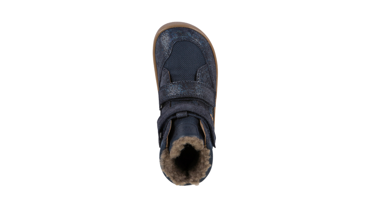 Gefütterter Kinder-Barfußstiefel mit breiter Zehenbox, zwei Klettverschlüssen und sichtbarem Futter, Draufsicht