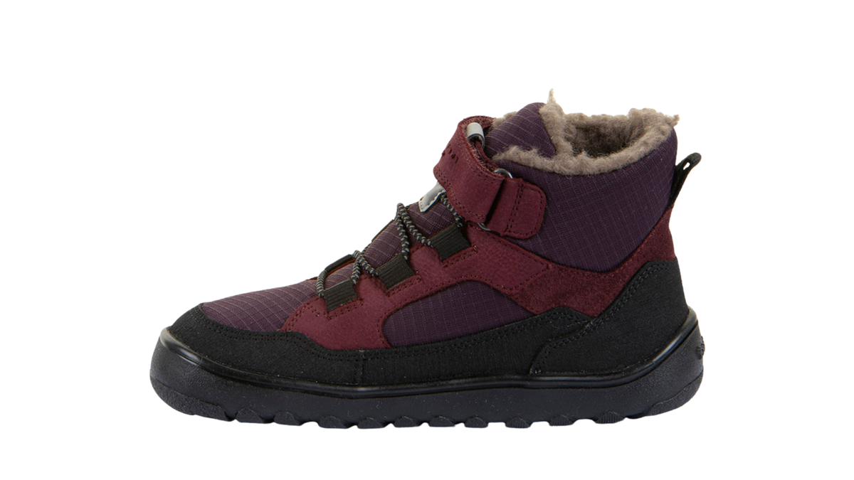 Gefütterter Kinder-Barfußschuh mit breiter Zehenbox, Klettverschluss und Schnellverschluss, Seitenansicht innen