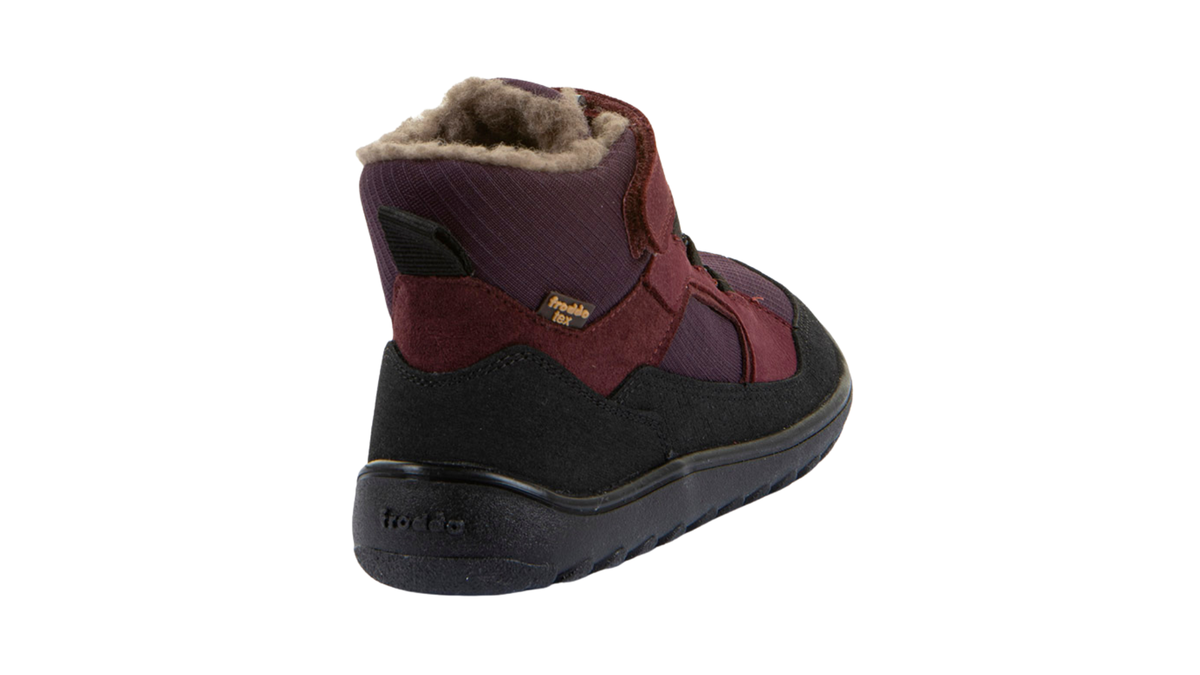 Gefütterter Kinder-Barfußschuh mit geschlossener Ferse, Futter und hochgezogener Sohle, Rückansicht