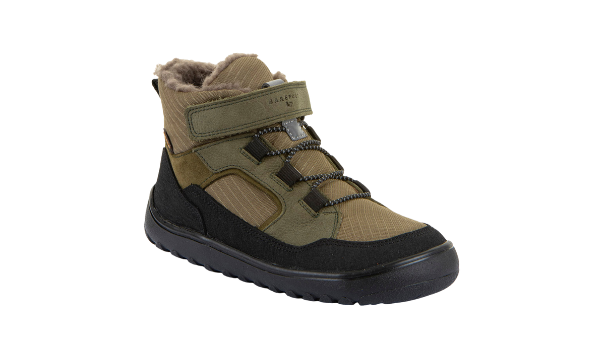 Gefütterter Kinder-Barfußschuh mit breiter Zehenbox, Klettverschluss und Schnellverschluss, Seitenansicht außen