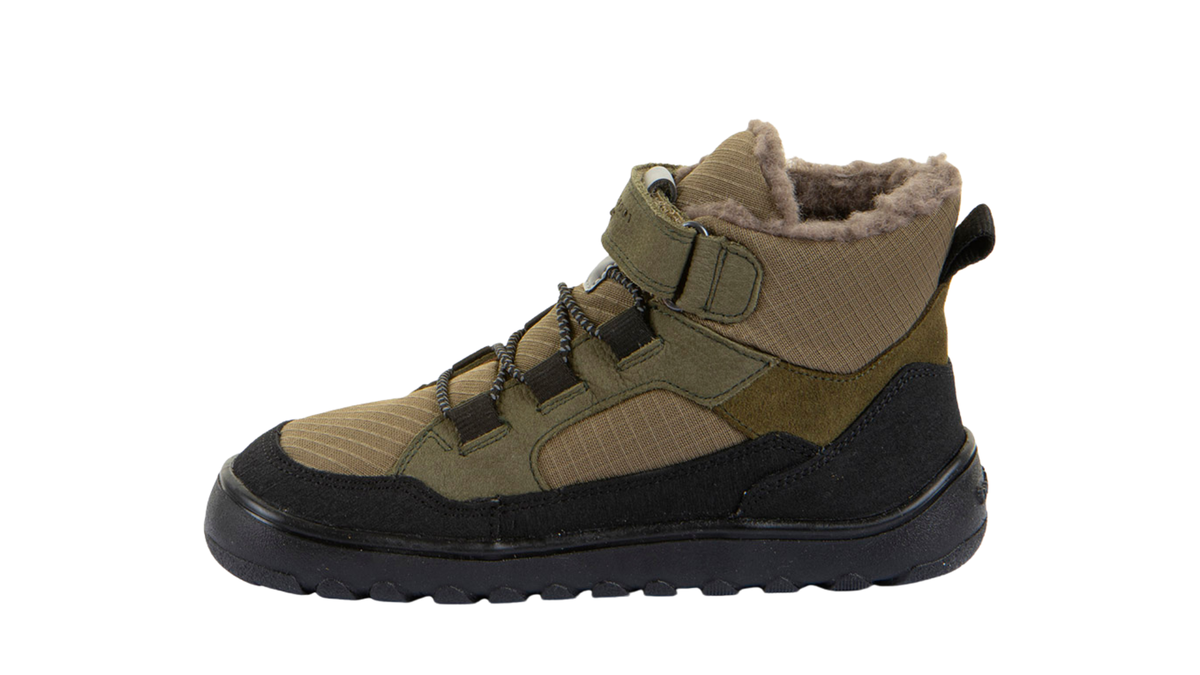 Gefütterter Kinder-Barfußschuh mit breiter Zehenbox, Klettverschluss und Schnellverschluss, Seitenansicht innen