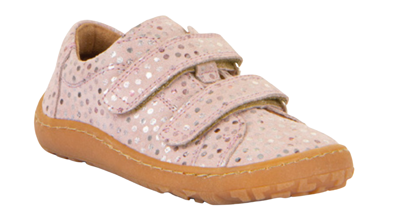 Barfußschuh für Kinder mit zwei Klettverschlüssen, geschlossene Zehen und geschlossener Fersenbereich, Seitenansicht außen, einzelner Schuh
