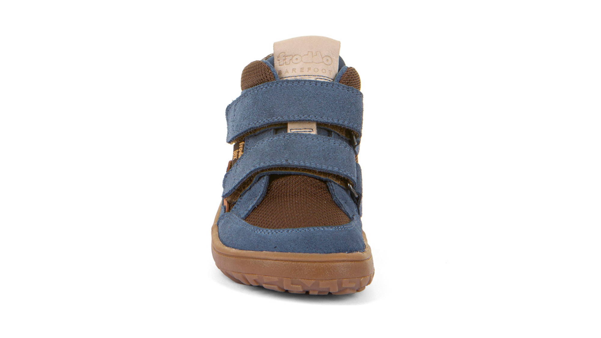 Kinder-Barfußschuh mit zwei Klettverschlüssen, breiter Zehenbox und Zehenschutz, Vorderansicht