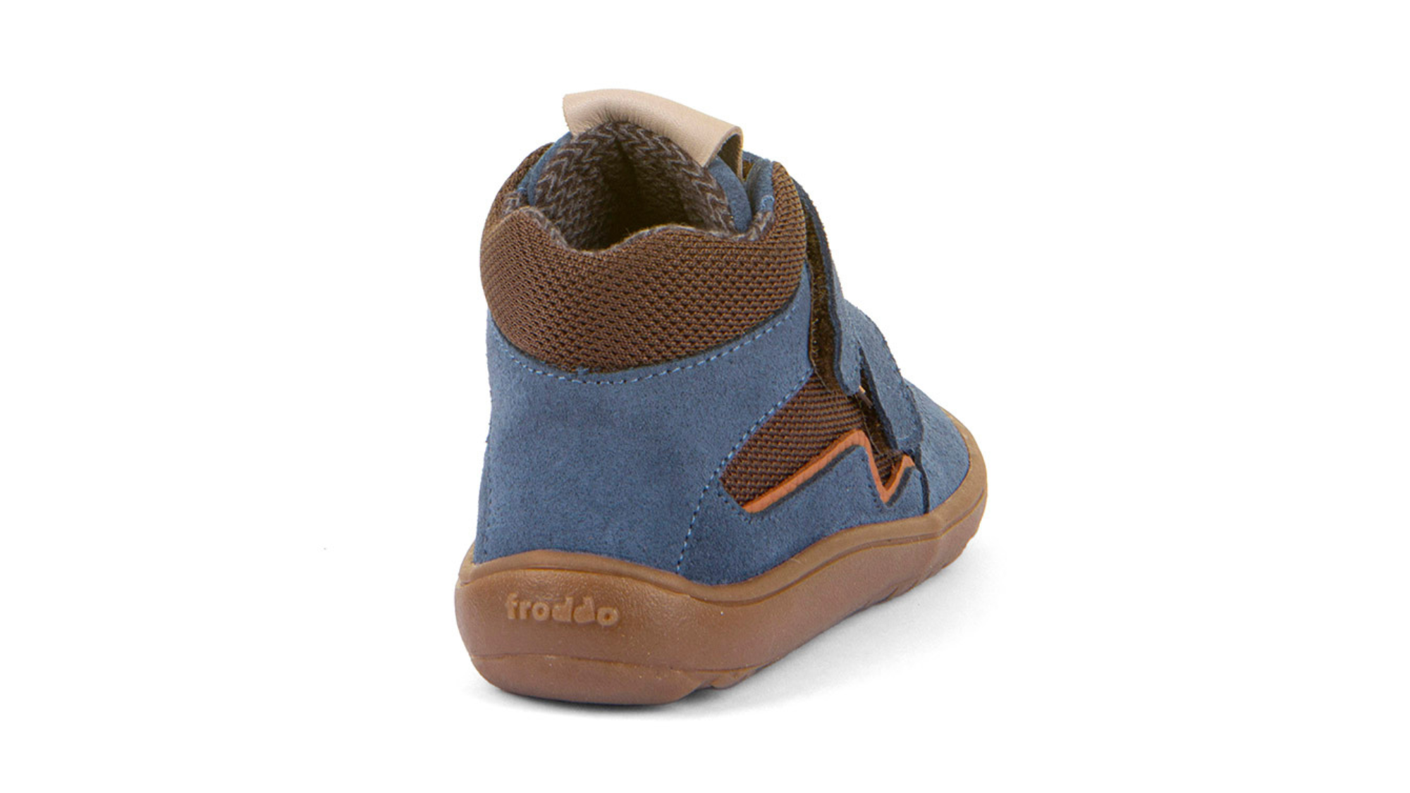 Kinder-Barfußschuh mit zwei Klettverschlüssen, geschlossener Ferse und hochgezogener Sohle, Rückansicht