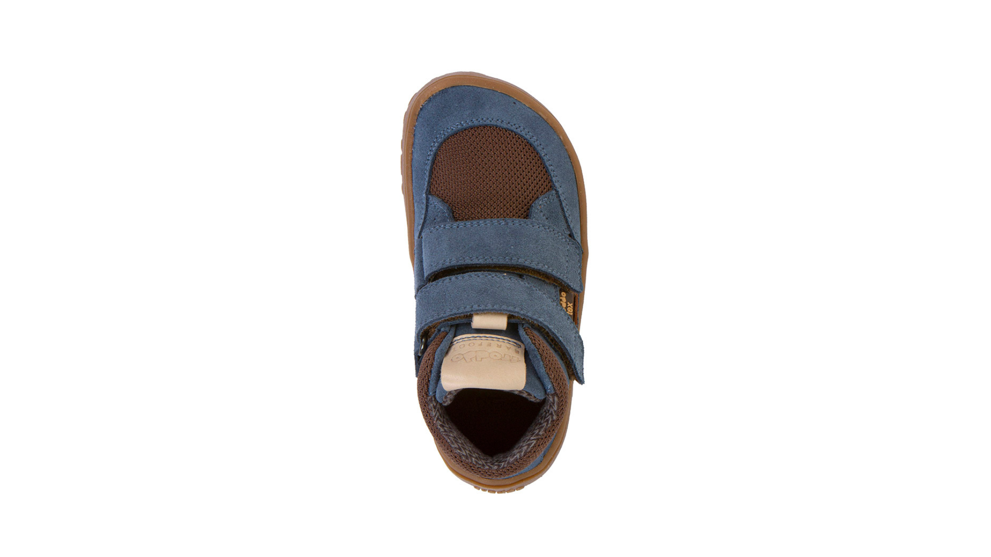 Kinder-Barfußschuh mit breiter Zehenbox, zwei Klettverschlüssen und geschlossenen Zehen, Draufsicht