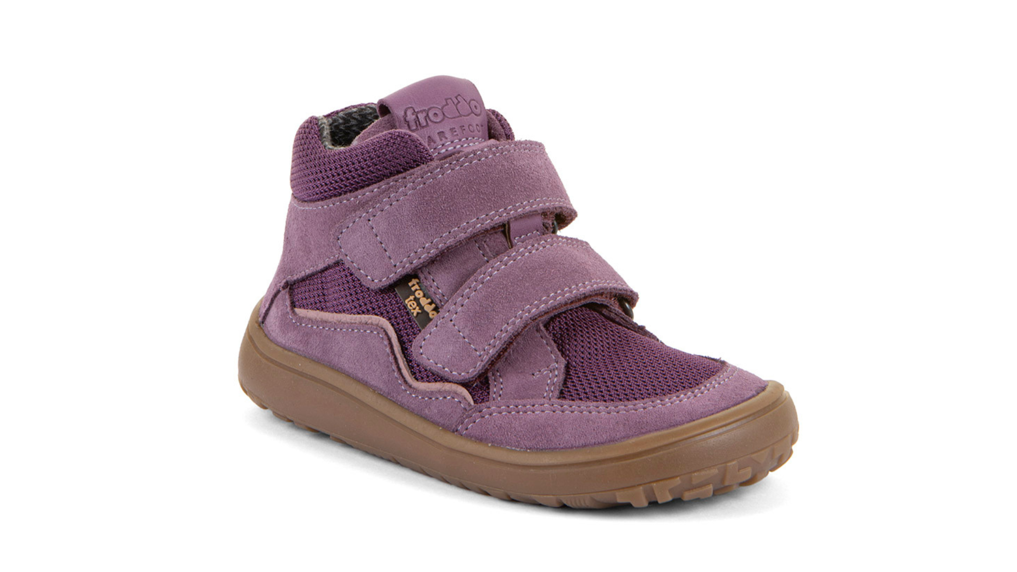 Kinder-Barfußschuh mit breiter Zehenbox, zwei Klettverschlüssen und Zehenschutz, schräge Vorderansicht