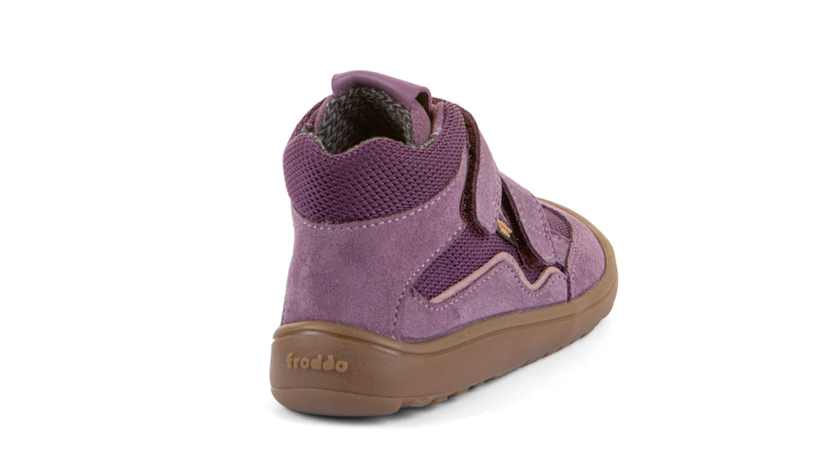 Kinder-Barfußschuh mit zwei Klettverschlüssen, geschlossener Ferse und hochgezogener Sohle, Rückansicht