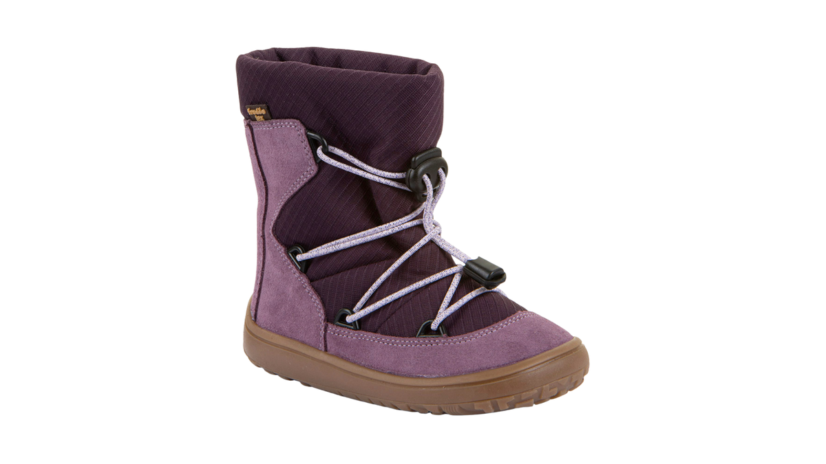 Halbhoher Kinder-Barfußstiefel mit breiter Zehenbox, Schnellschnürsystem und Zehenschutz, schräge Vorderansicht