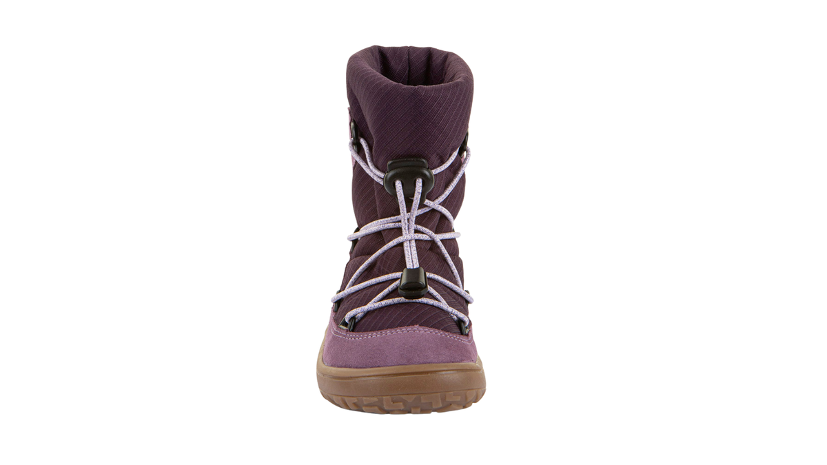 Halbhoher Kinder-Barfußstiefel mit Schnellschnürsystem, breiter Zehenbox und Zehenschutz, Vorderansicht