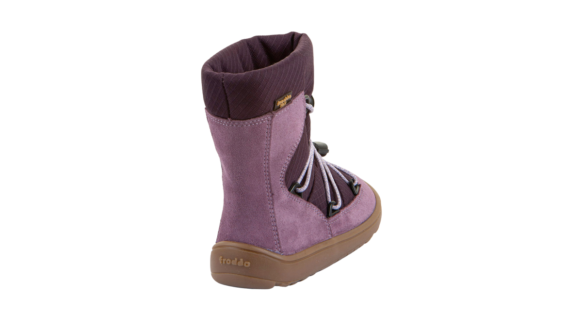 Halbhoher Kinder-Barfußstiefel mit geschlossener Ferse und hochgezogener Sohle, Rückansicht