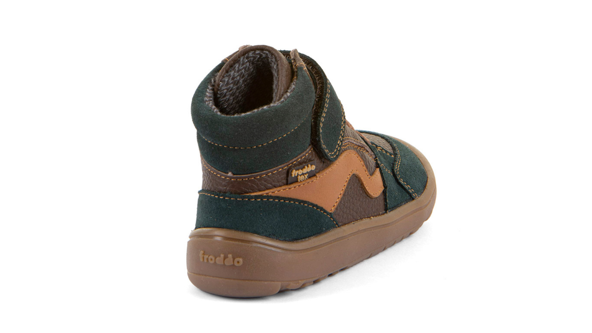 Kinder-Barfußstiefel mit Klettverschlüssen, geschlossener Ferse und hochgezogener Sohle, Rückansicht