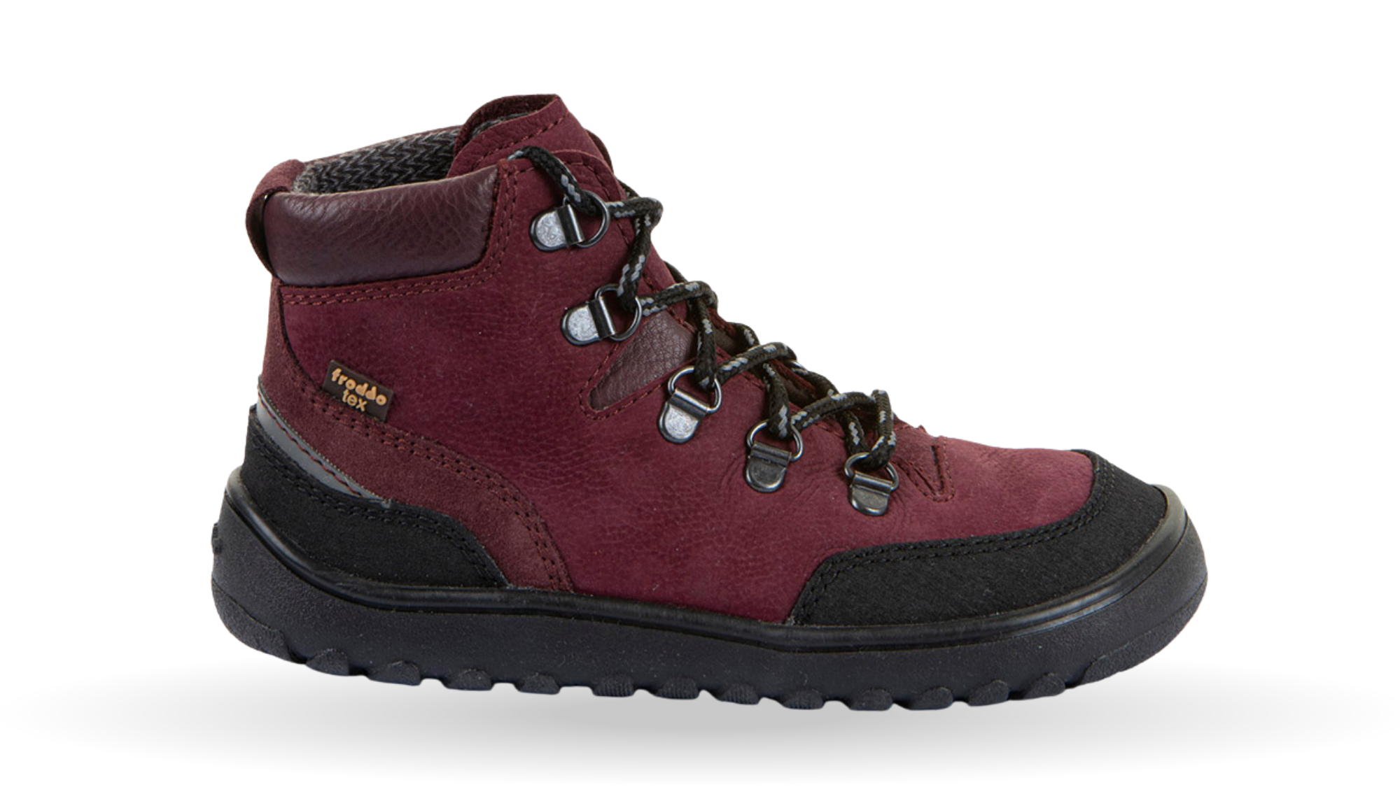 Barfußstiefel mit breiter Zehenbox, Schnürung und Zehenschutz, Seitenansicht außen