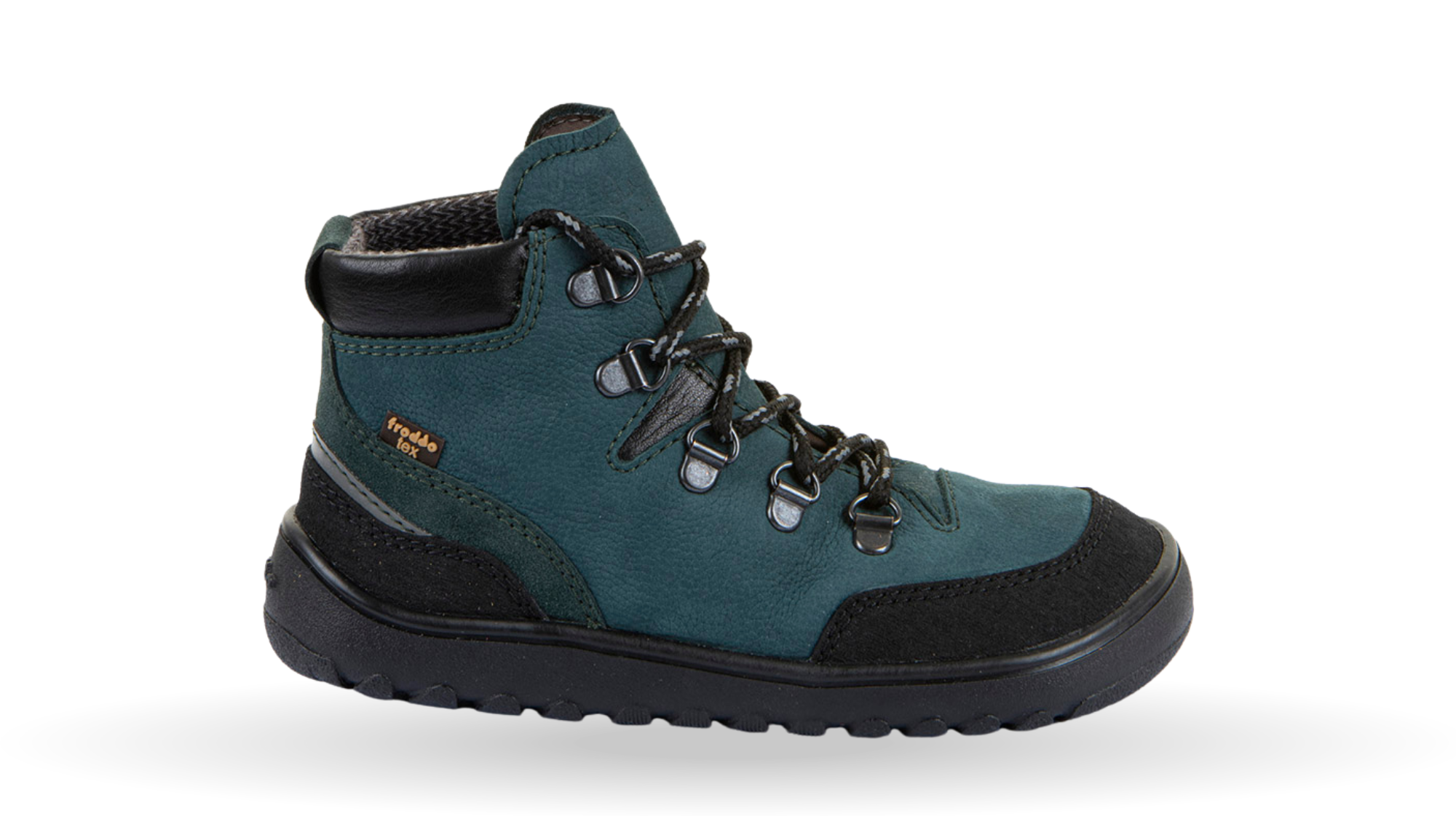 Barfußstiefel mit breiter Zehenbox, Schnürung und Zehenschutz, Seitenansicht außen