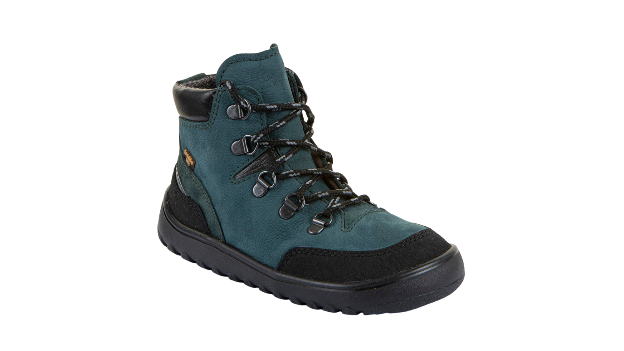 Barfußstiefel mit breiter Zehenbox, Schnürung und Zehenschutz, schräge Vorderansicht