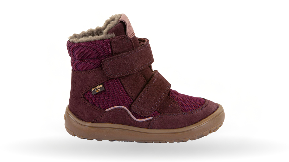 Gefütterter Kinder-Barfußschuh mit breiter Zehenbox, zwei Klettverschlüssen und Zehenschutz, Seitenansicht außen