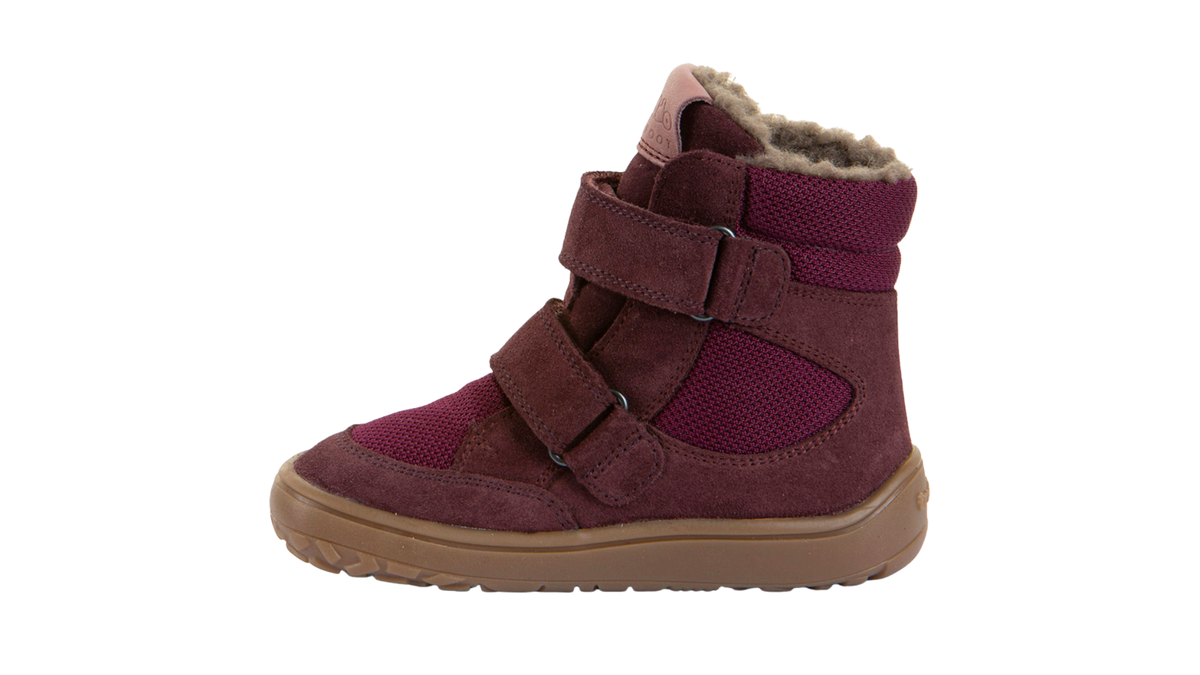 Gefütterter Kinder-Barfußschuh mit breiter Zehenbox, zwei Klettverschlüssen und Zehenschutz, Seitenansicht innen