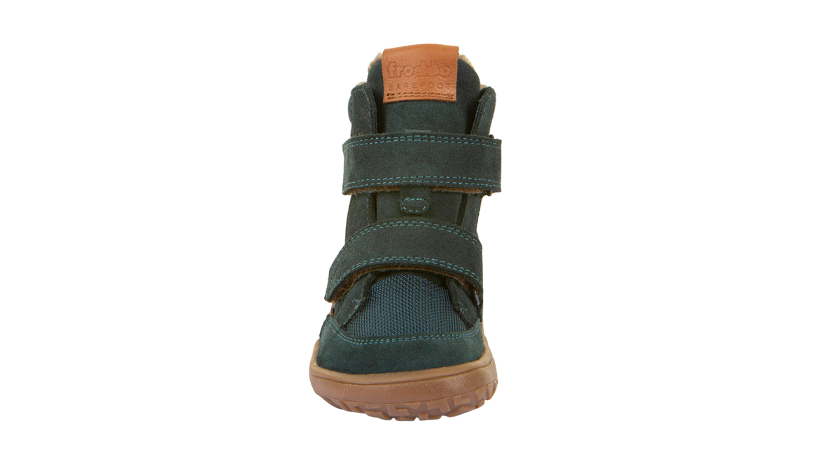 Gefütterter Kinder-Barfußschuh mit breiter Zehenbox, zwei Klettverschlüssen und Zehenschutz, Vorderansicht