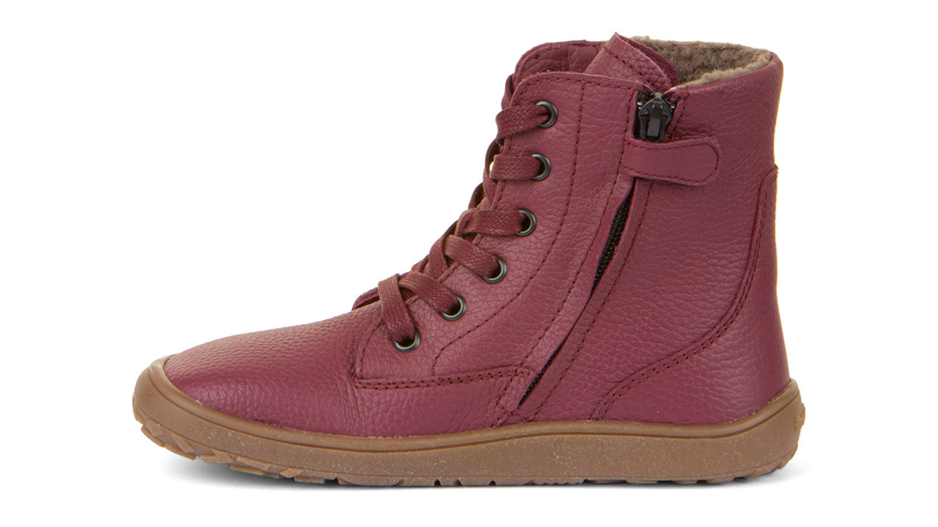 Barfußstiefel mit Schnürung und seitlichem Reißverschluss, geschlossene Zehen und geschlossener Fersenbereich, Seitenansicht innen, einzelner Schuh
