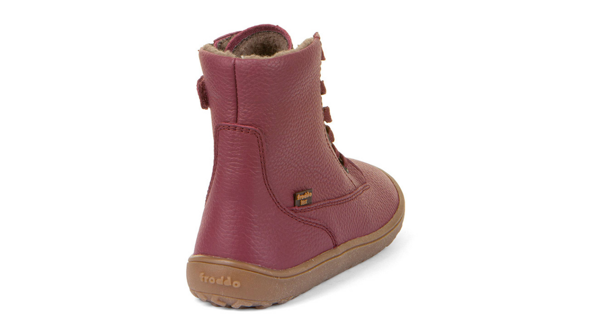 Barfußstiefel mit Schnürung, geschlossene Zehen und geschlossener Fersenbereich, Rückansicht, einzelner Schuh