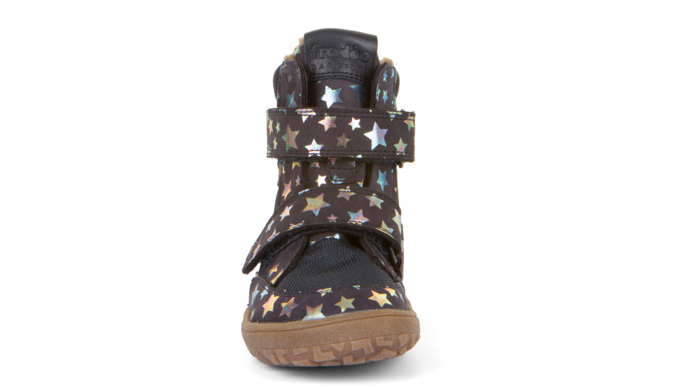 Barfußstiefel für Kinder mit zwei Klettverschlüssen, geschlossene Zehen und geschlossener Fersenbereich, Vorderansicht, einzelner Schuh