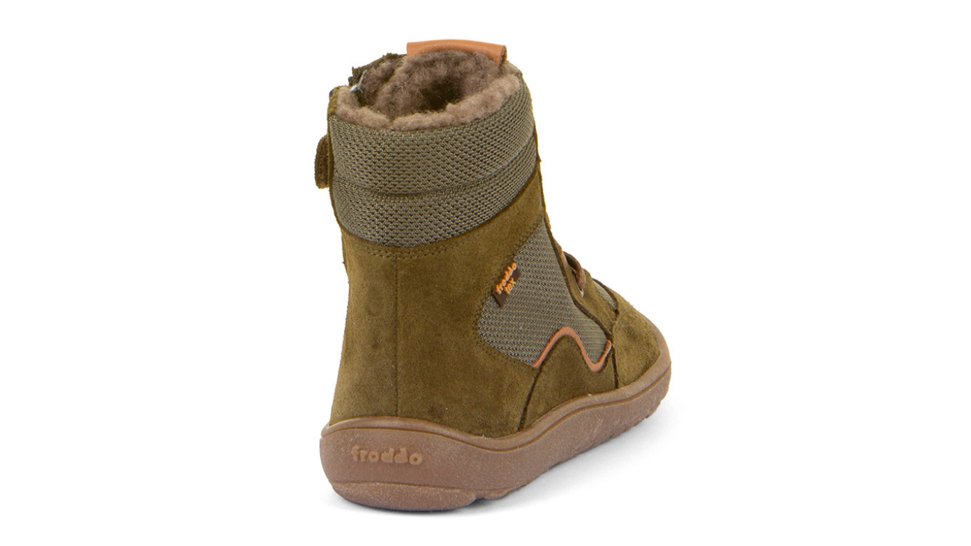 Barfußwinterstiefel für Kinder, geschlossene Zehen und geschlossener Fersenbereich, Schnürung mit Ösen, profilierte Sohle, Einzelschuh, Rückansicht