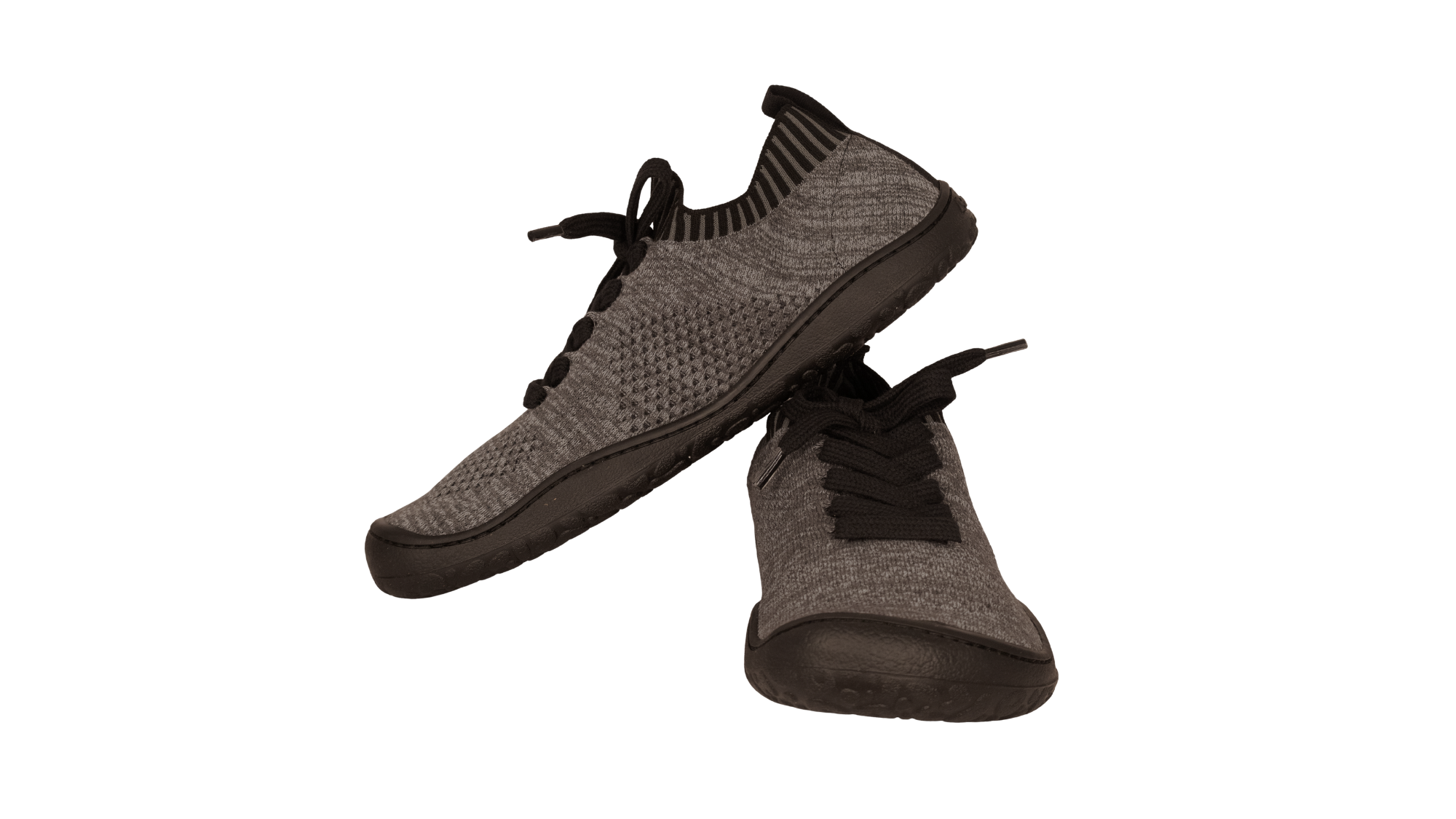 Barfußschuh mit Schnürsenkeln, geschlossener Zehenbox und geschlossenem Fersenbereich, flexible Sohle, Vorderansicht und Seitenansicht als Paar