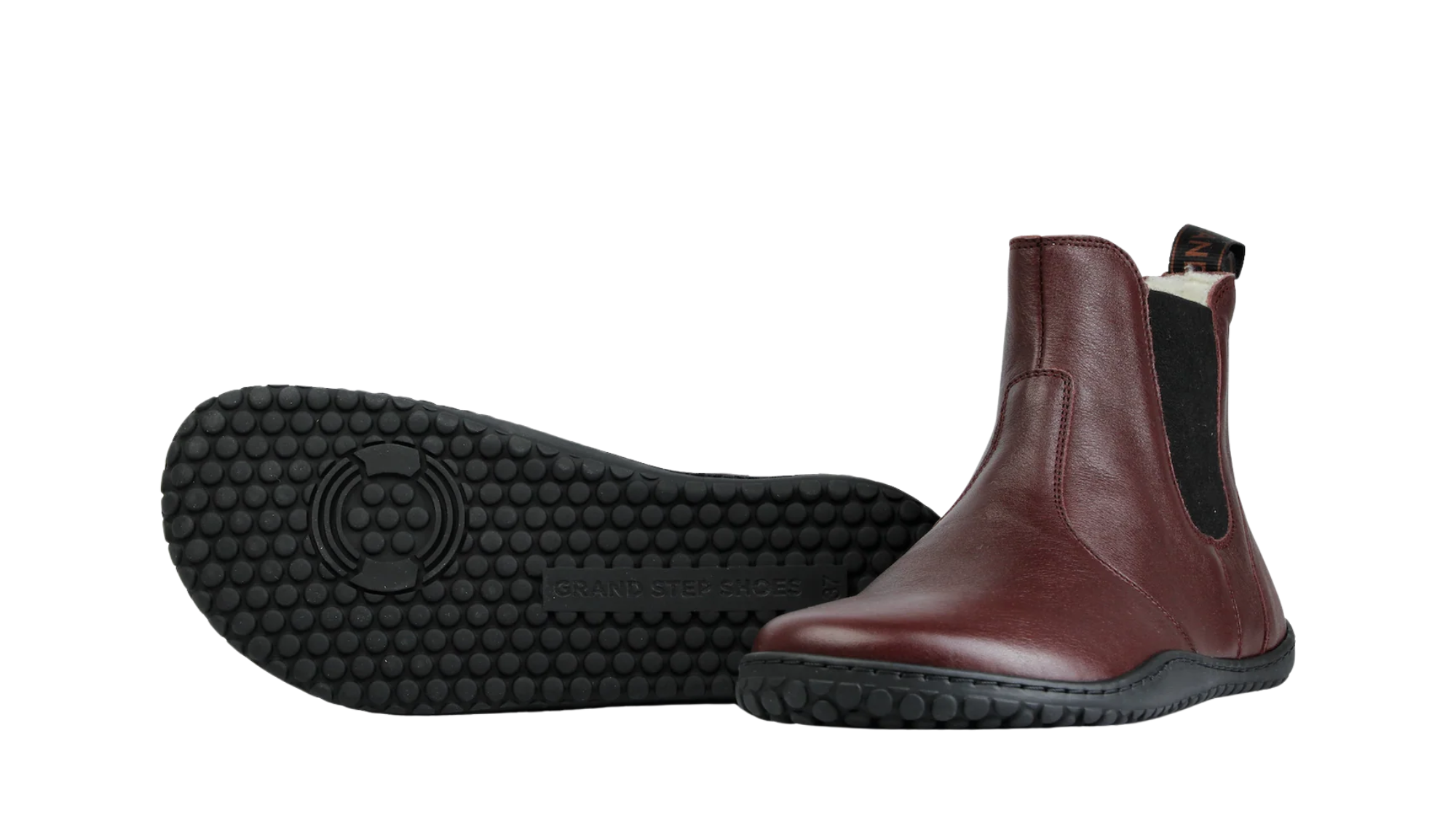 Paar Winter-Chelsea-Barfußschuhe für Erwachsene mit profilierter Laufsohle, breiter Zehenbox und elastischem Seiteneinsatz, Ansicht von unten