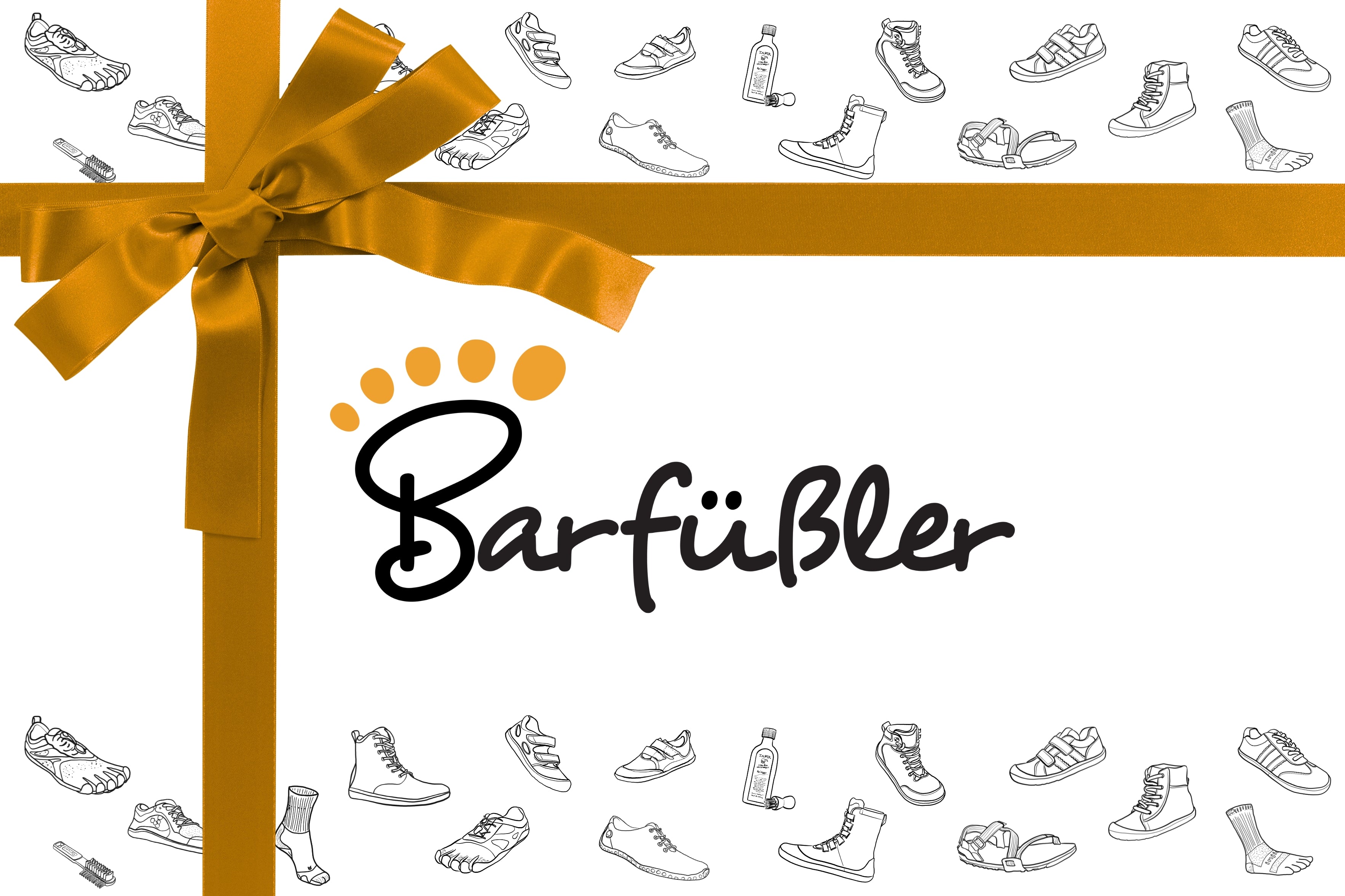 Geschenkgutschein von Barfüßler mit goldener Schleife, Barfüßler-Logo und Illustrationen verschiedener Barfußschuhe und Zubehör.