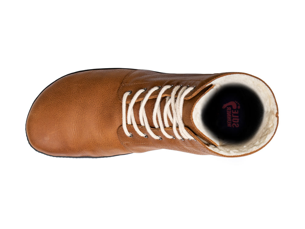 Barfußwinterstiefel, geschlossene Zehen und geschlossener Fersenbereich, Schnürsenkel, flexible Sohle, einzelner Schuh, Draufsicht