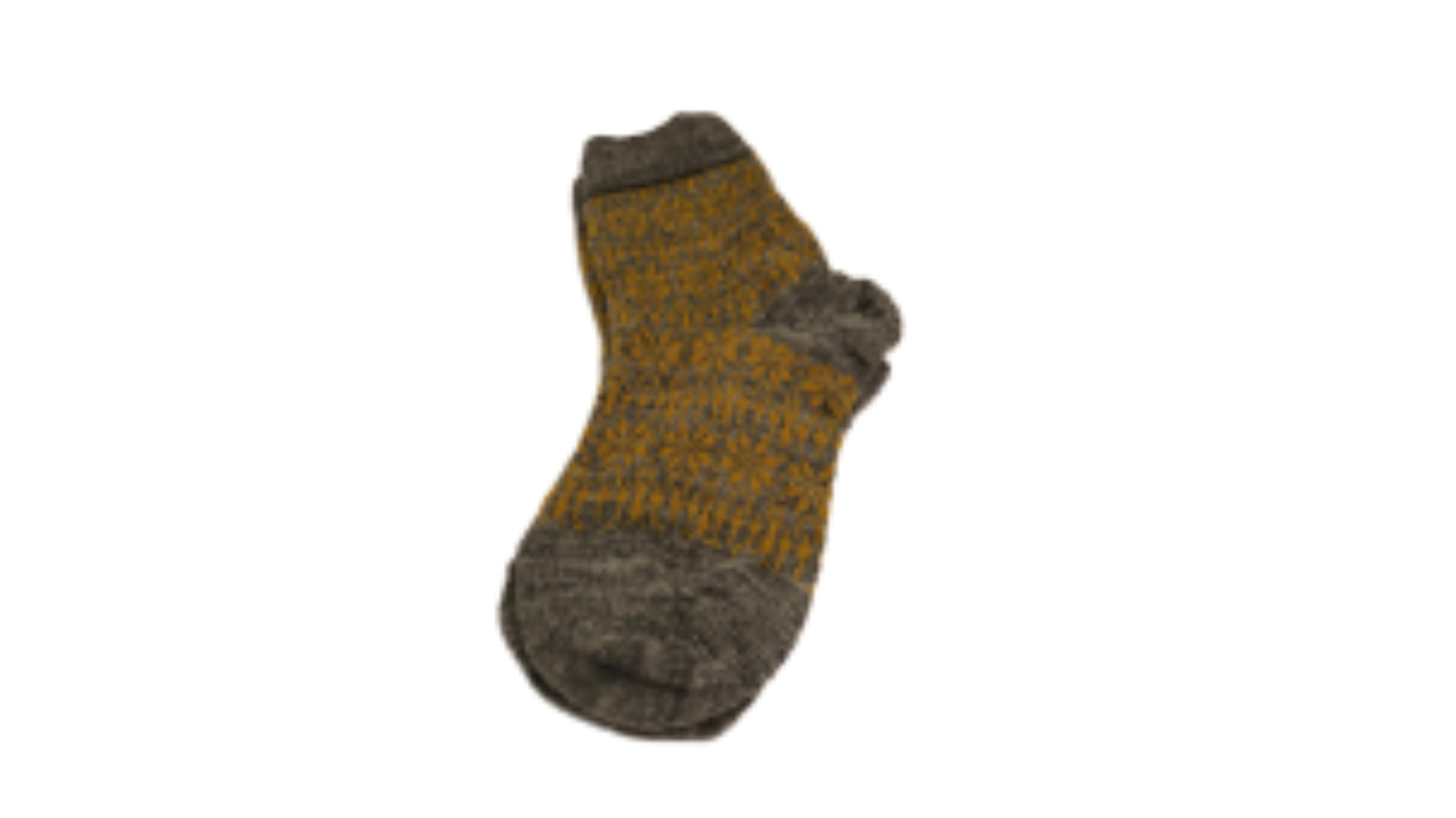 Socken ohne separate Zehen, wadenhoher Schaft, elastischer Bund, gemustertes Schaftteil, verstärkter Fersen- und Zehenbereich, Draufsicht